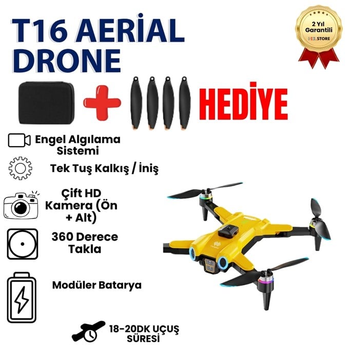 T16  Drone 4K Çift Kameralı Büyük Ekran Kumandalı WiFi FPV 360° Engel Algılama Katlanabilir Drone