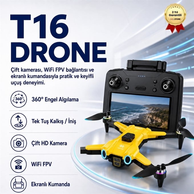 T16  Drone 4K Çift Kameralı Büyük Ekran Kumandalı WiFi FPV 360° Engel Algılama Katlanabilir Drone