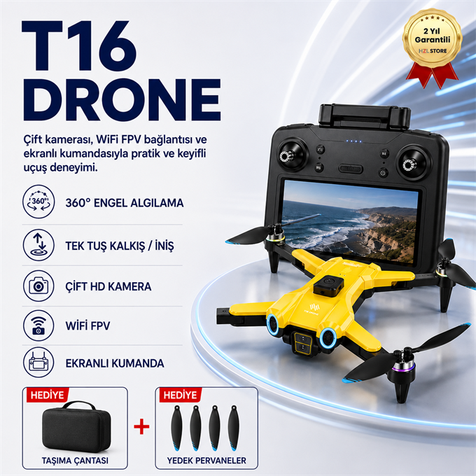 T16  Drone 4K Çift Kameralı Büyük Ekran Kumandalı WiFi FPV 360° Engel Algılama Katlanabilir Drone