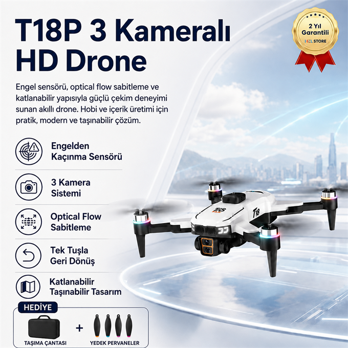 T18P 3 Kameralı 4K HD Drone, Engel Sensörlü Katlanabilir Akıllı Drone, Optical Flow