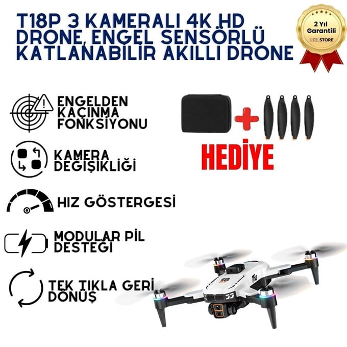 T18P 3 Kameralı 4K HD Drone, Engel Sensörlü Katlanabilir Akıllı Drone, Optical Flow