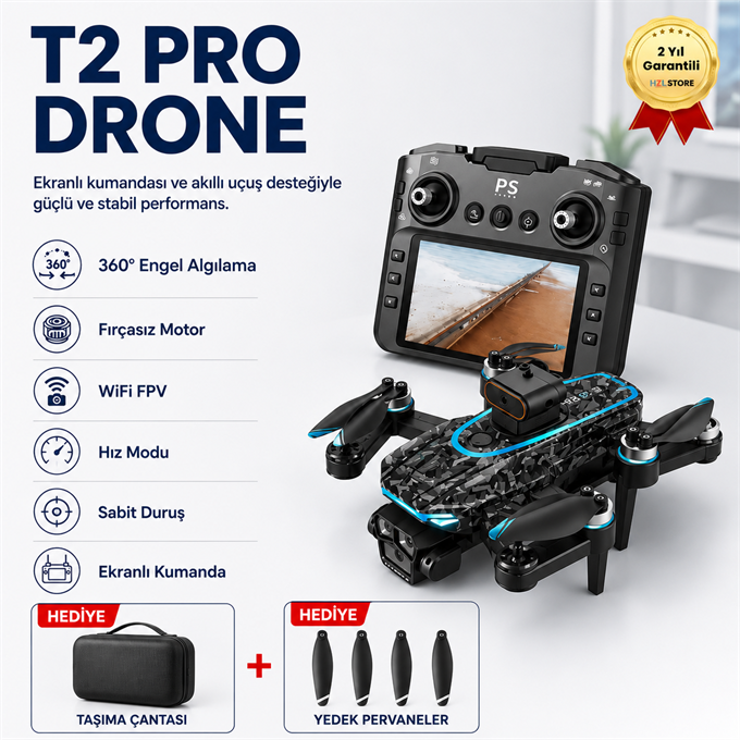 T2 Pro  Drone 4K Üç Kameralı GPS WiFi FPV 360° Engel Algılama Büyük Ekran Kumandalı Katlanabilir Drone