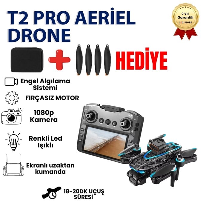 T2 Pro  Drone 4K Üç Kameralı GPS WiFi FPV 360° Engel Algılama Büyük Ekran Kumandalı Katlanabilir Drone