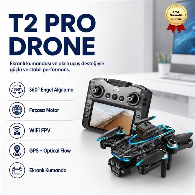 T2 Pro  Drone 4K Üç Kameralı GPS WiFi FPV 360° Engel Algılama Büyük Ekran Kumandalı Katlanabilir Drone