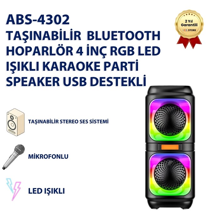 Taşınabilir  Bluetooth Hoparlör 4 İnç RGB LED Işıklı Karaoke Parti Speaker USB Destekli