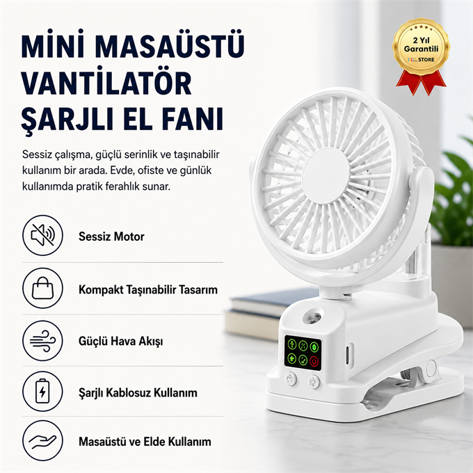 Taşınabilir Mini Masaüstü Vantilatör Şarjlı El Fanı