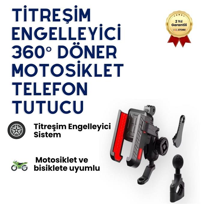 Titreşim Engelleyici 360° Döner Motosiklet Telefon Tutucu, Gidon Bağlantılı, 4”-6.9” Uyumlu Dayanıklı Tutacak