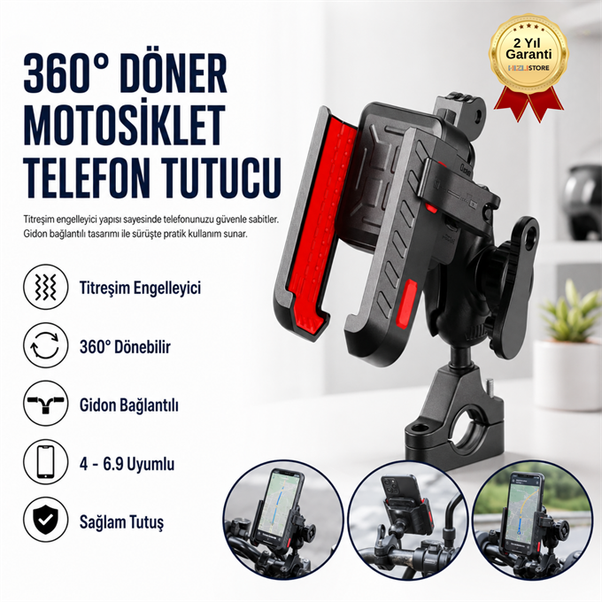 Titreşim Engelleyici 360° Döner Motosiklet Telefon Tutucu, Gidon Bağlantılı, 4”-6.9” Uyumlu Dayanıklı Tutacak