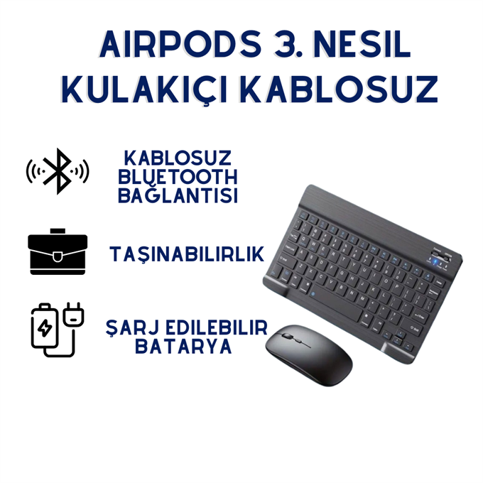 Tüm Cihazlara Uyumlu Akıllı Taşınabilir Şarj Edilebilir Kablosuz Bluetooth Klavye ve Mouse Seti