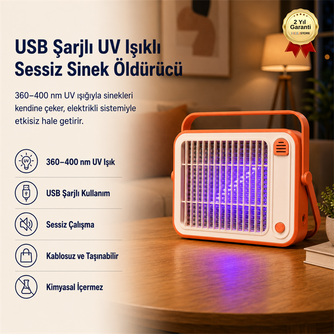USB Şarjlı UV Işıklı Sessiz ve Taşınabilir Elektrikli Sinek Öldürücü