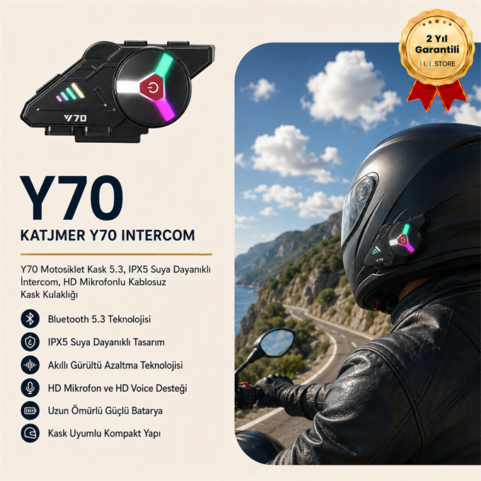 Y70 Motosiklet Kask 5.3, IPX5 Suya Dayanıklı İntercom ,HD Mikrofonlu Kablosuz Kask Kulaklığı