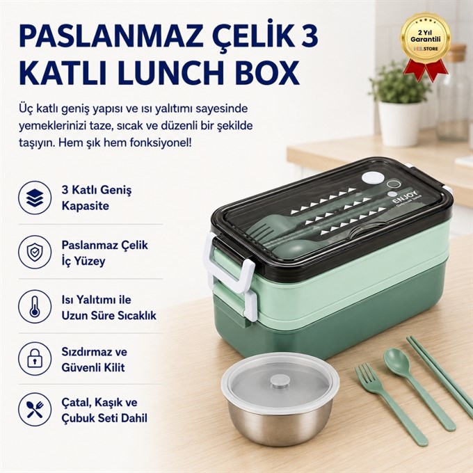 Yeşil Paslanmaz Çelik 3 Katlı Yemek Taşıma Kabı Isı Yalıtımlı Lunch Box
