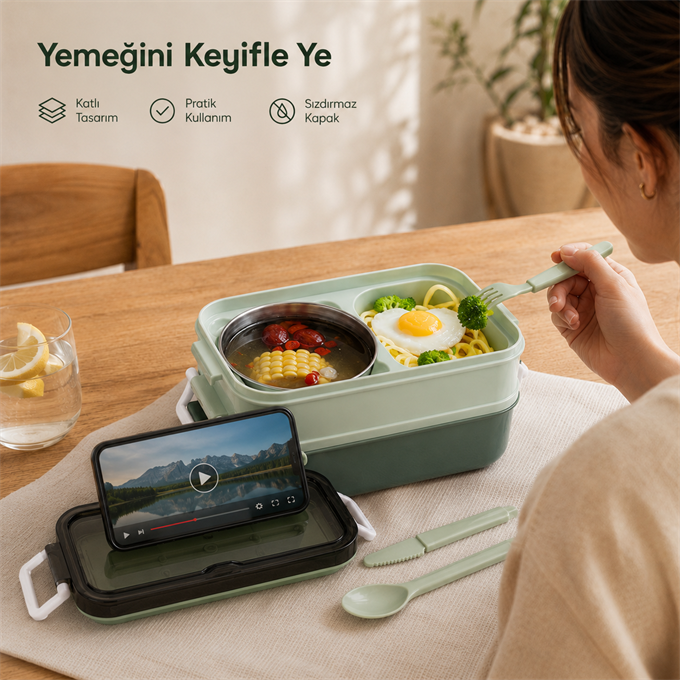 Yeşil Paslanmaz Çelik 3 Katlı Yemek Taşıma Kabı Isı Yalıtımlı Lunch Box