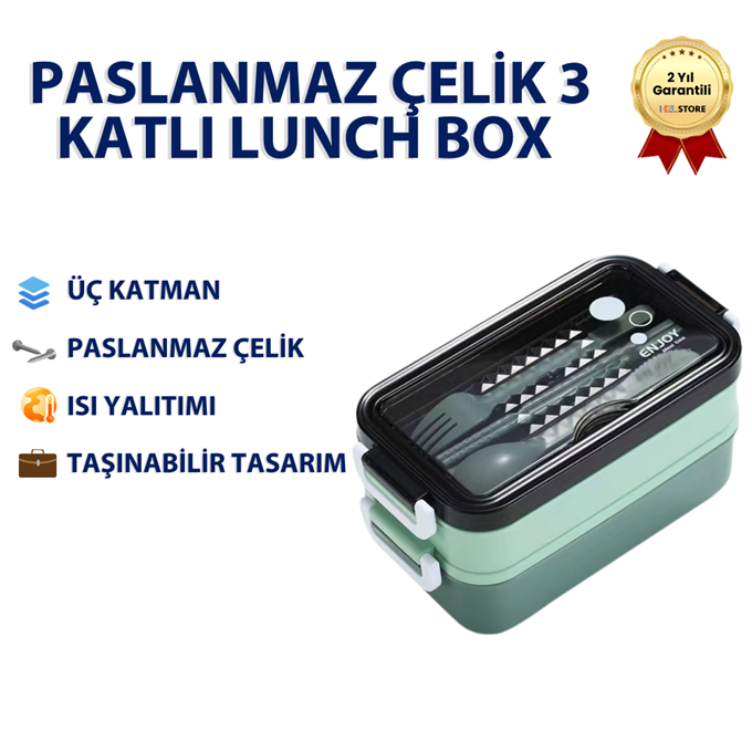 Yeşil Paslanmaz Çelik 3 Katlı Yemek Taşıma Kabı Isı Yalıtımlı Lunch Box 