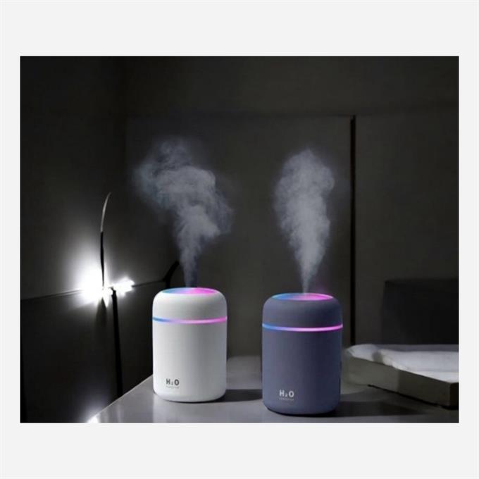 H2O Renkkli LED Işıklı 300 ML Taşınabilir USB Hava Nemlendirici ve Aroma Difüzörü - 2li Set (Beyaz & Gri)