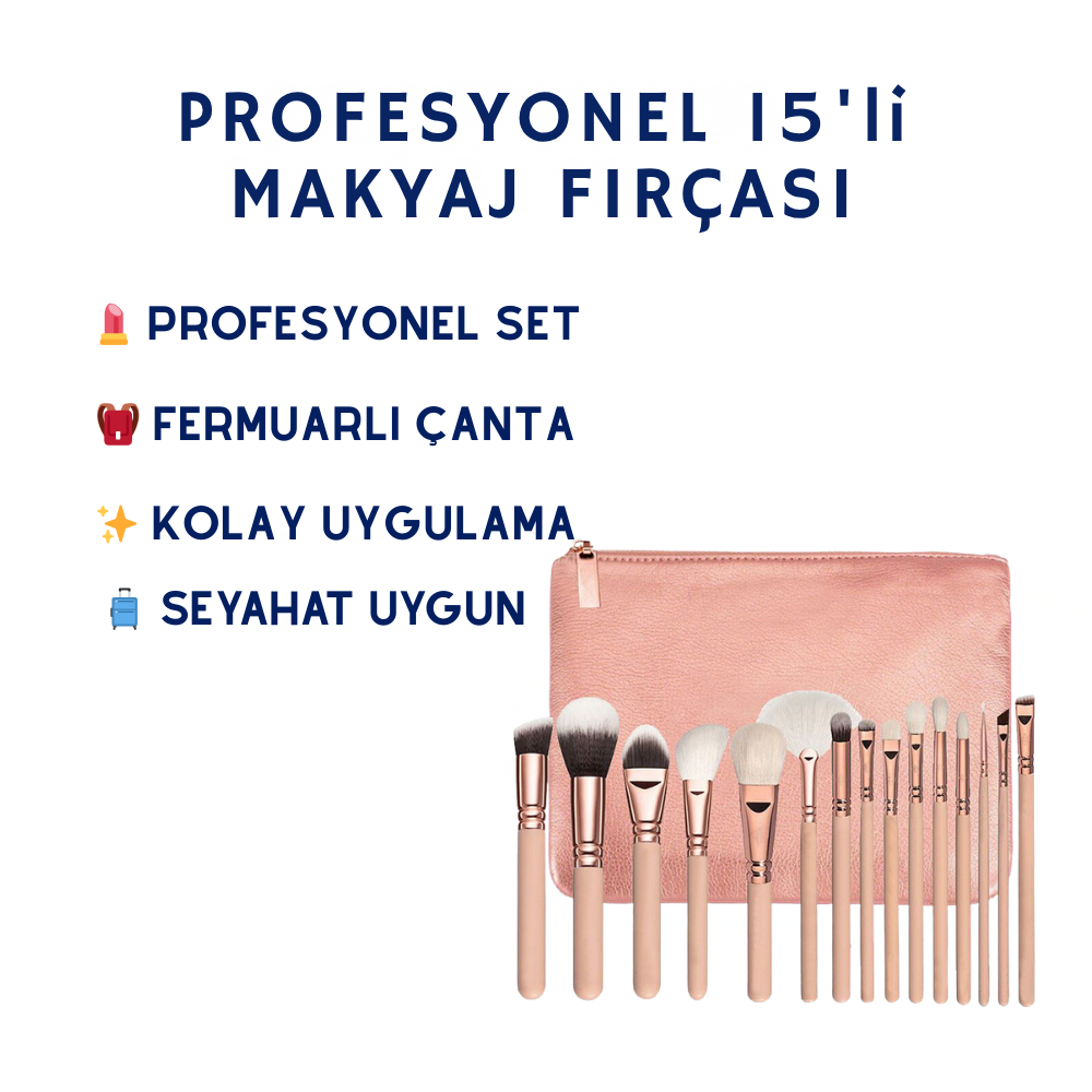 Profesyonel 15'li Rose Gold Makyaj Fırça Seti - Yelpaze Fırçalı