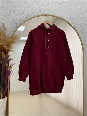 Bemedra Çıtçıtlı Omuzu Dikiş Detaylı Kapşonlu Üç İp Sweat-ZN6685 Bordo