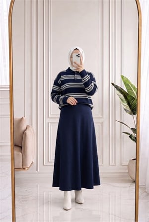 Canpare Polo Yaka Düğmeli Çizgili Triko Kazak-KR6070 Lacivert