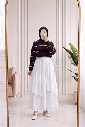 Canpare Polo Yaka Düğmeli Çizgili Triko Kazak-KR6070 Mürdüm