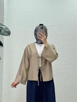 Mirona Ön Bağcıklı Çilek Kumaş Kısa Kimono-MF210 Vizon