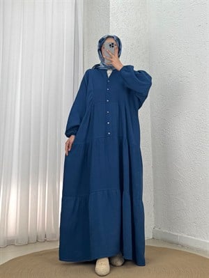 Nurperi Müslin Salaş 6 Düğmeli Elbise-NA2416 Lacivert