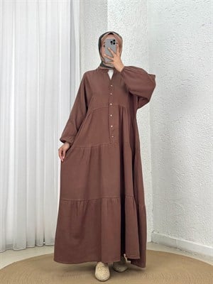 Nurperi Müslin Salaş 6 Düğmeli Elbise-NA2416 Sütlü Kahve