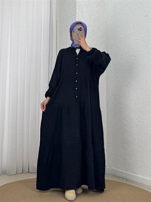 Nurperi Müslin Salaş 6 Düğmeli Elbise-NA2416 Siyah