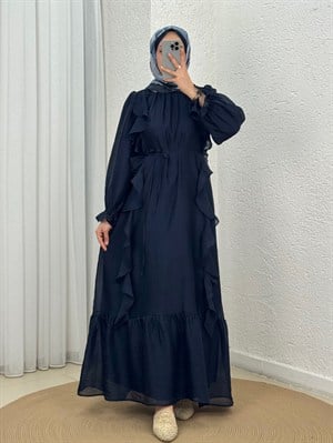 Sadakat Boydan Fırfırlı Vual Elbise-PA9884 Lacivert