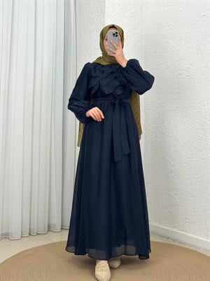 Tamora Göğüs Fırfırlı Dalga Model Elbise-PA9883 Lacivert