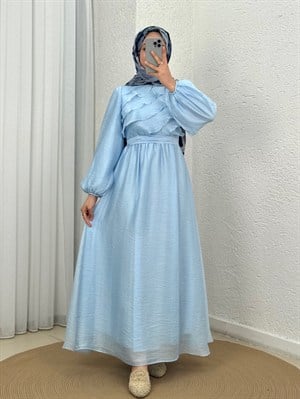 Tamora Göğüs Fırfırlı Dalga Model Elbise-PA9883 Mavi