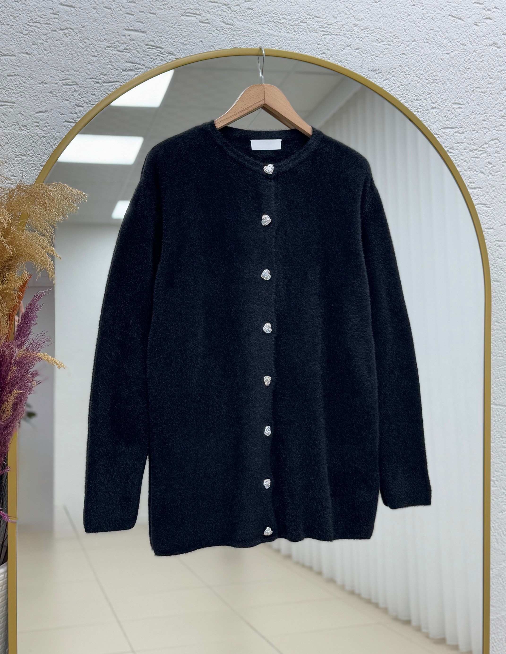 Adora Kalp Düğmeli Sakallı Hırka-KR3198 Siyah