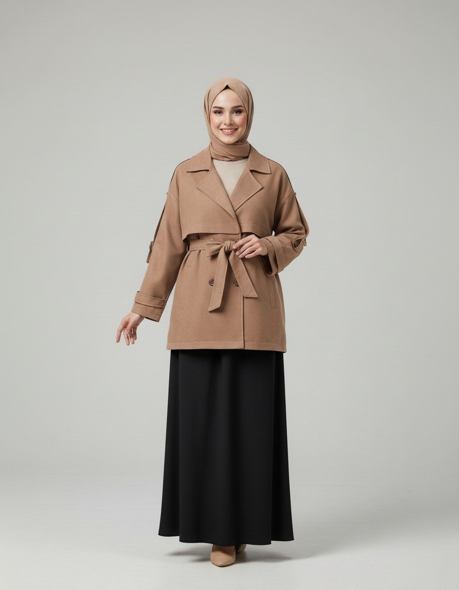 Aline Kapaklı Kol Ucu ve Omuz Kemer Detaylı Kısa Trenç-EN2199 Taba