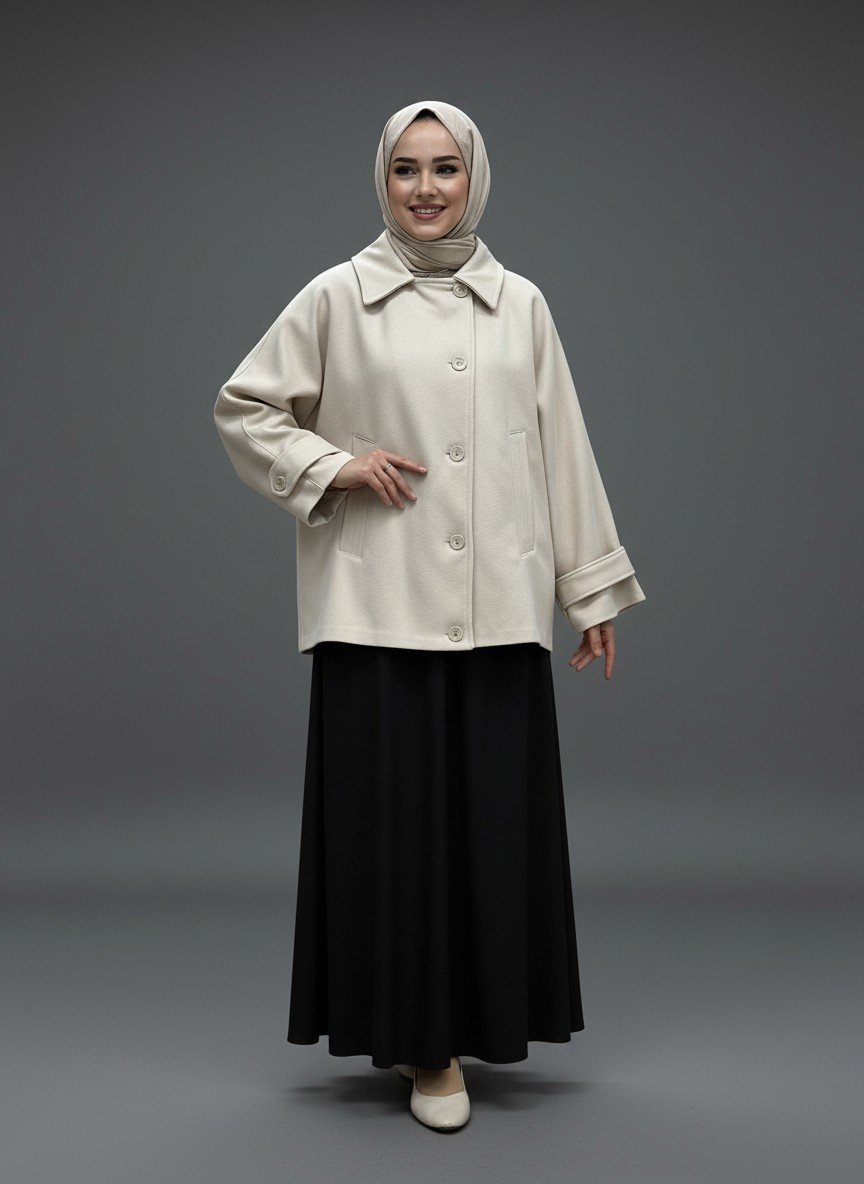 Aliona Kolları Apoletli Yarasa Kollu Kısa Kaban-EK687 Taş