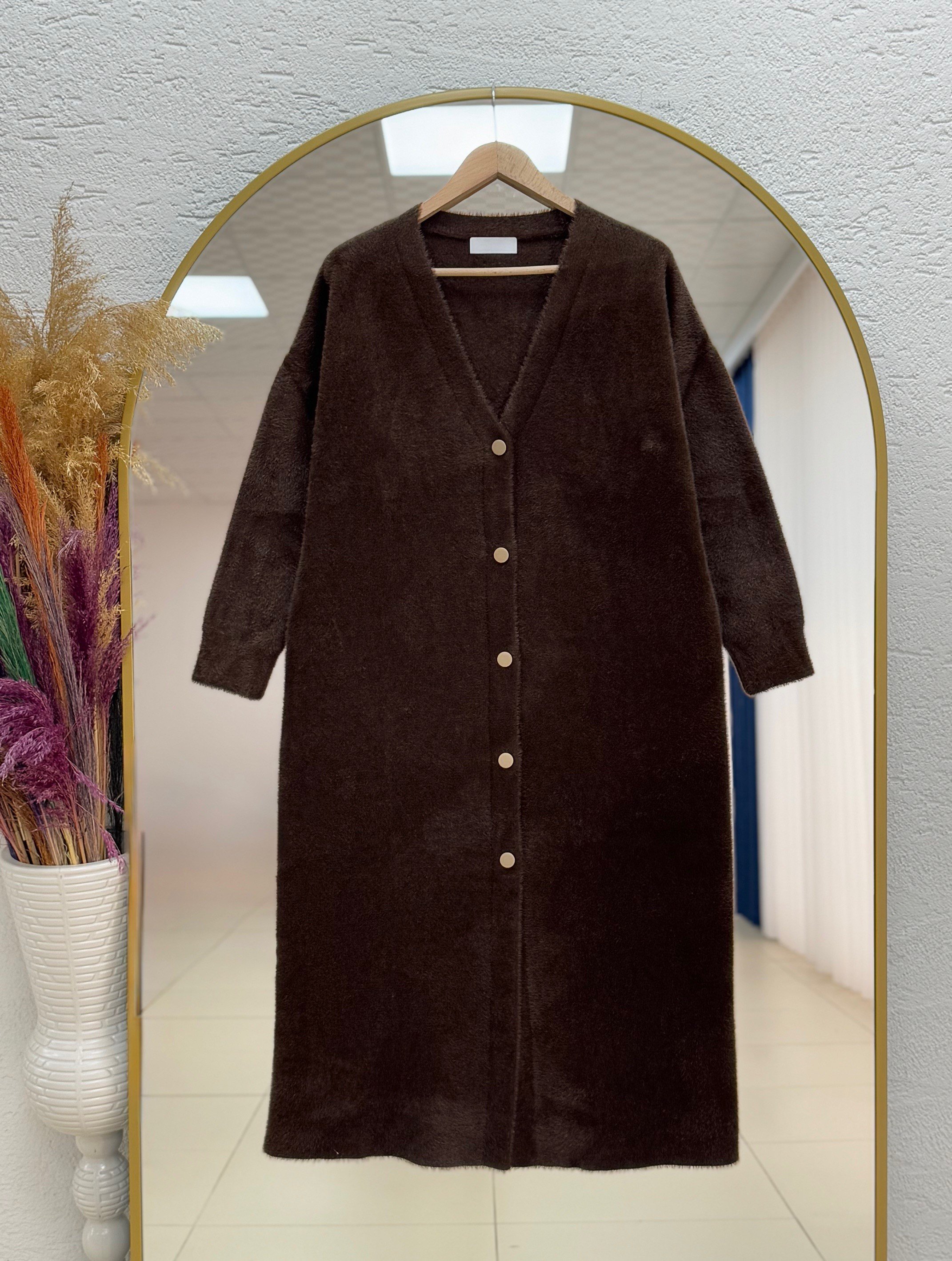 Alivia Metal Düğmeli Uzun Sakallı Hırka-KR5032 Kahve