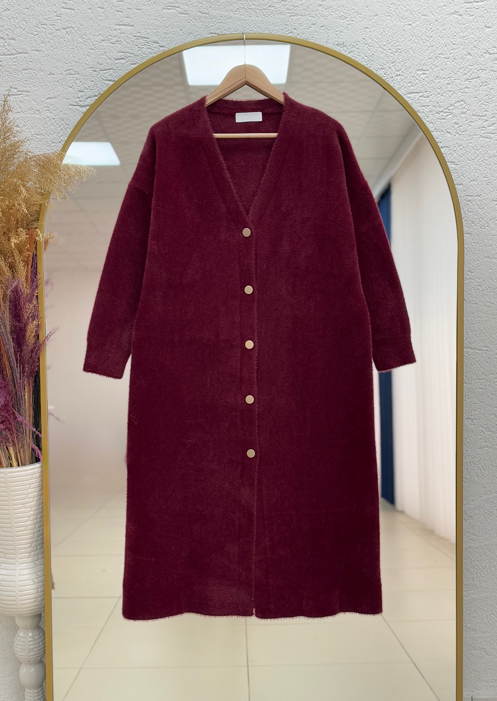 Alivia Metal Düğmeli Uzun Sakallı Hırka-KR5032 Bordo