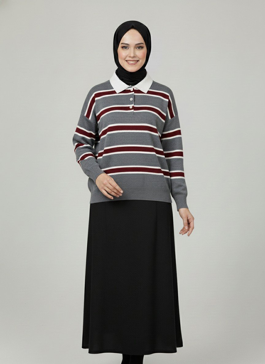 Aliza Polo Yaka Çizgili Düğmeli Kazak-KR5053 Antrasit