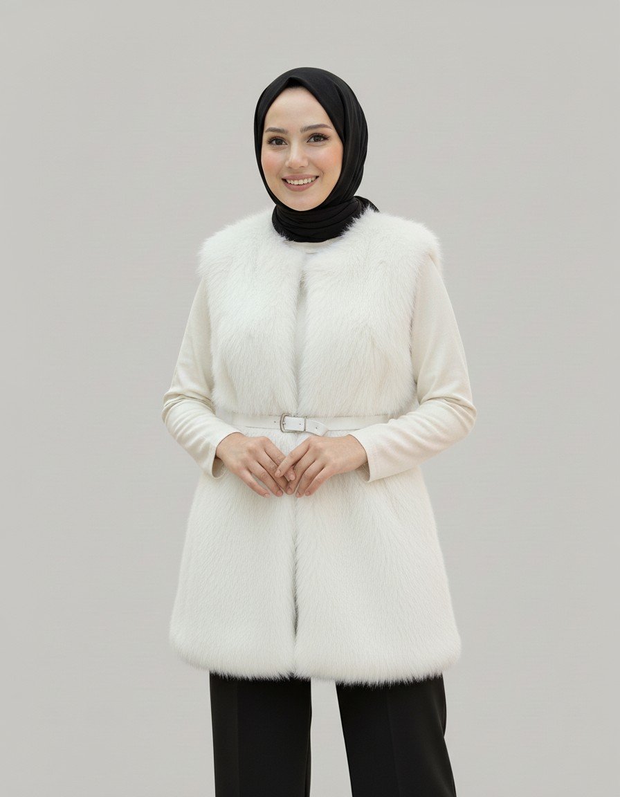 Almah Astarlı Tüylü Kemerli Yelek-EN2205 Beyaz