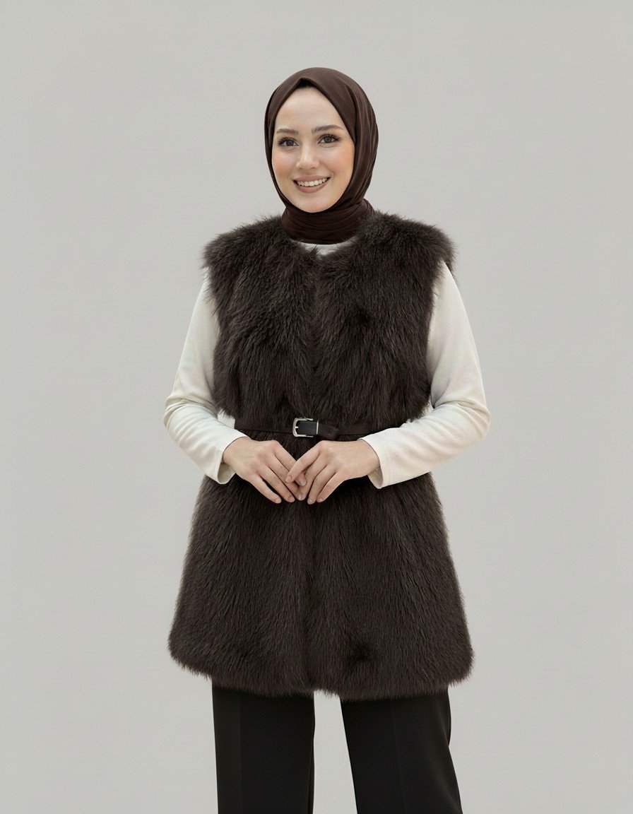 Almah Astarlı Tüylü Kemerli Yelek-EN2205 Kahve