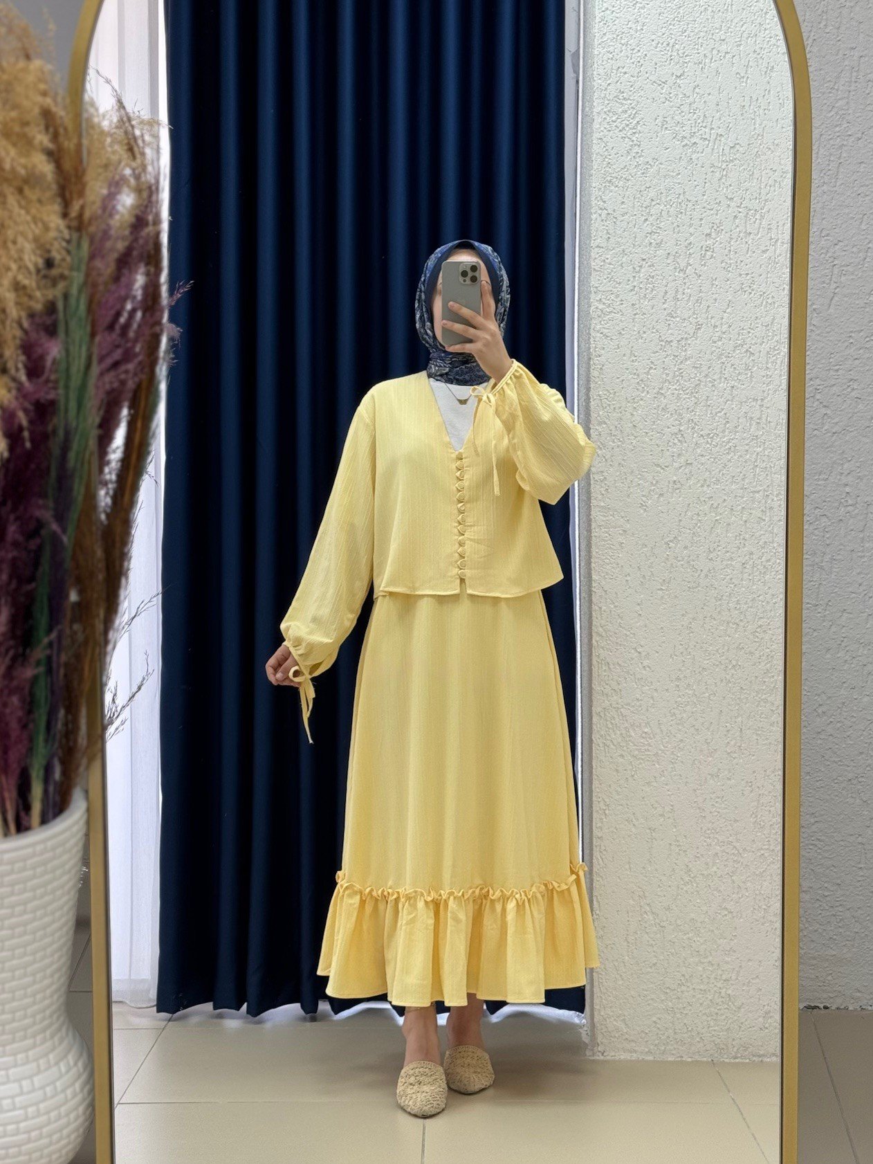 Ascona Kol Bağcıklı Boydan Düğmeli Etek Fırfırlı Dubai Takım-EK459 Sarı