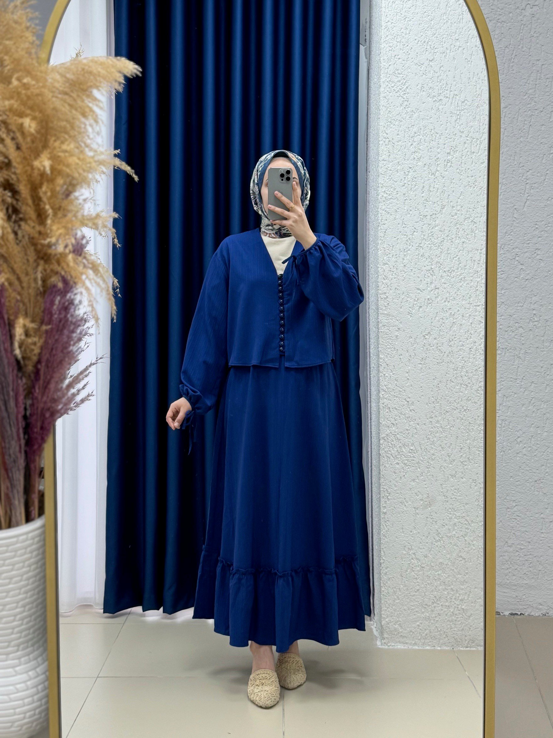 Ascona Kol Bağcıklı Boydan Düğmeli Etek Fırfırlı Dubai Takım-EK459 Lacivert