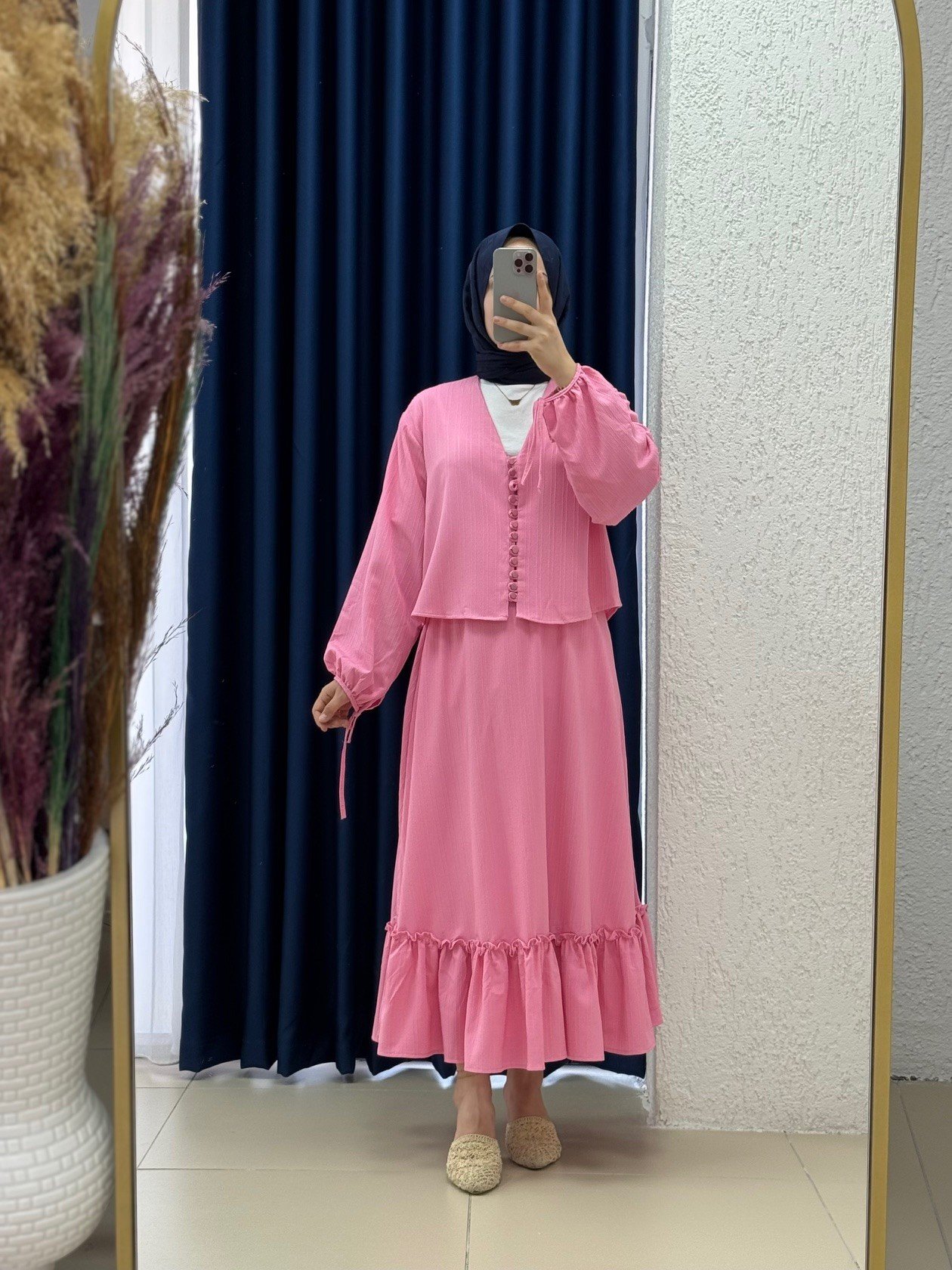 Ascona Kol Bağcıklı Boydan Düğmeli Etek Fırfırlı Dubai Takım-EK459 Pembe