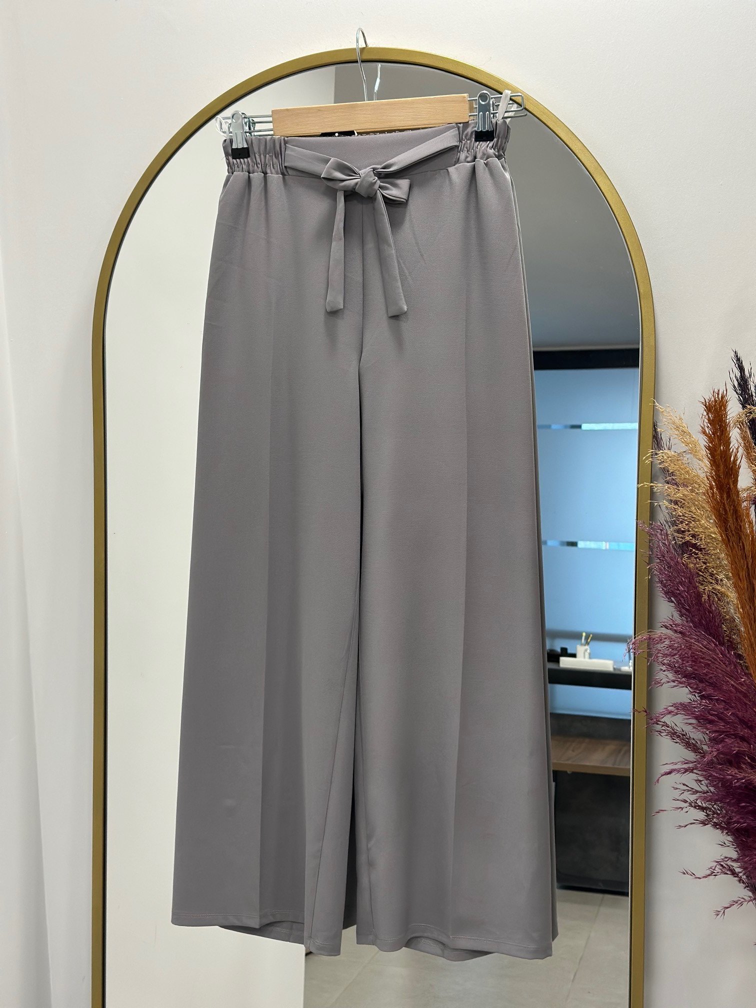 Asu Kuşaklı Bol Paça Pantolon-MT1445 Gri