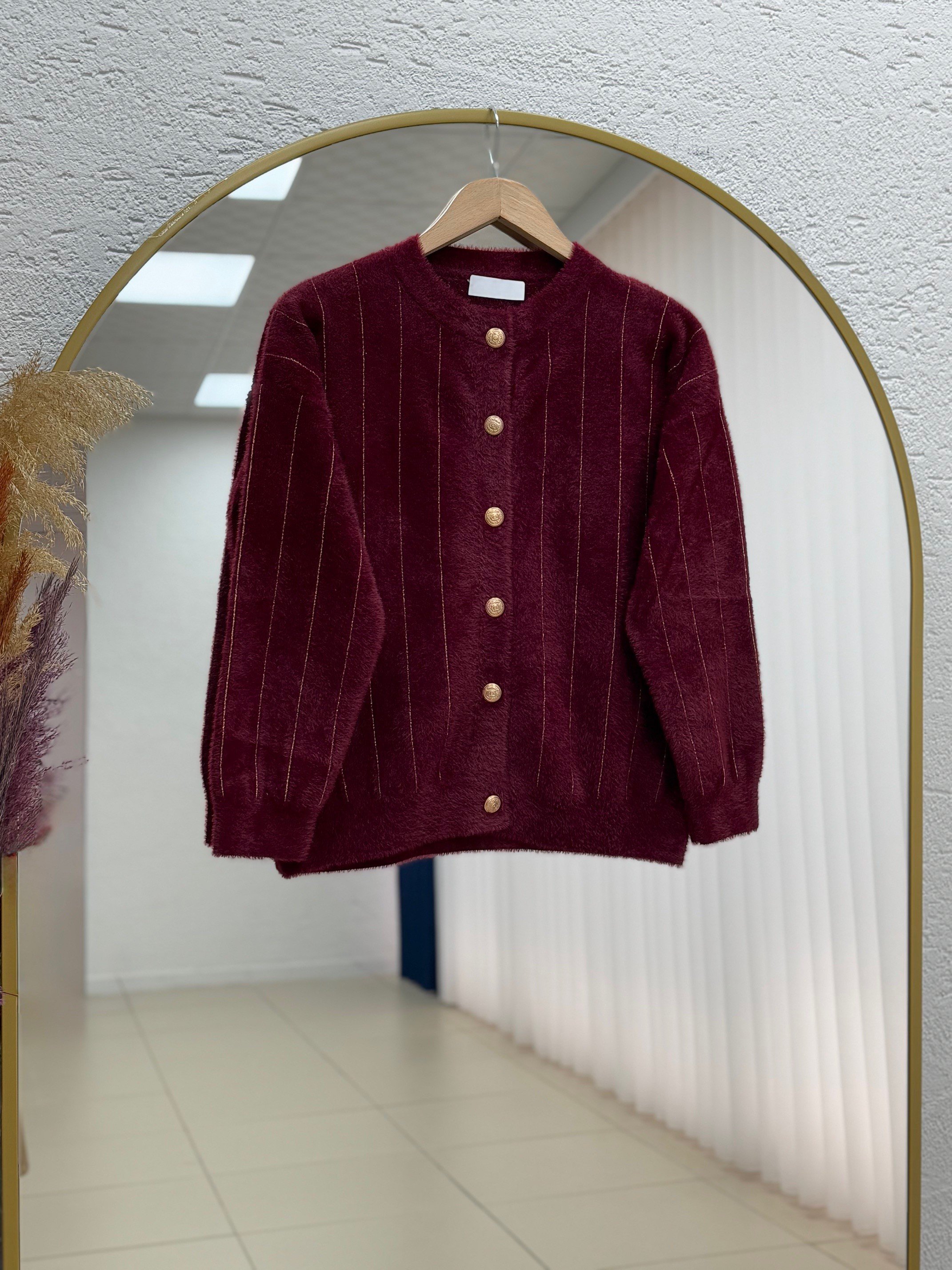 Baylee Gold Düğmeli Çizgili Sakallı Kısa Hırka-KR5042 Bordo