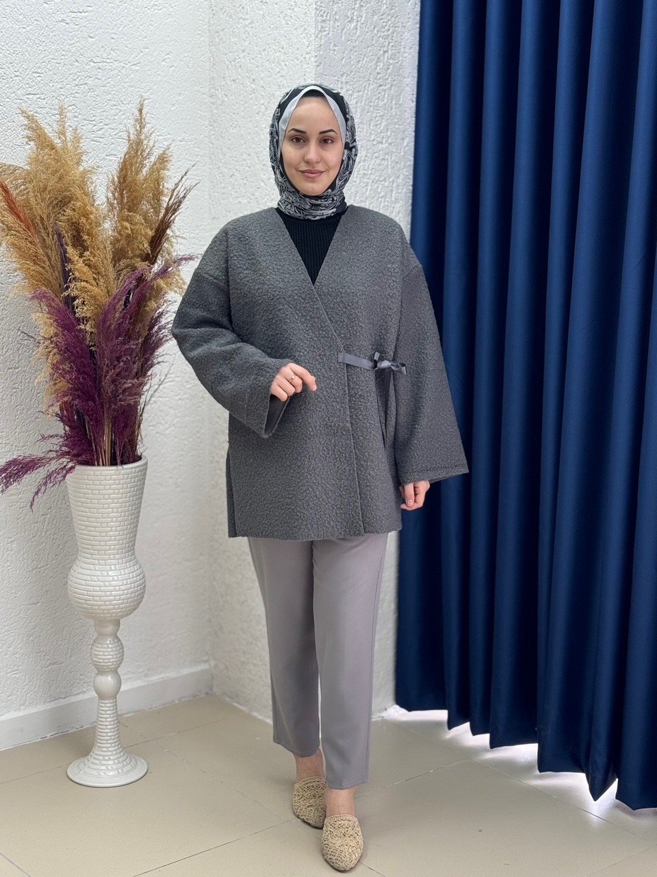 Begüm Bağlamalı Buklet Ceket-FS1237 Antrasit