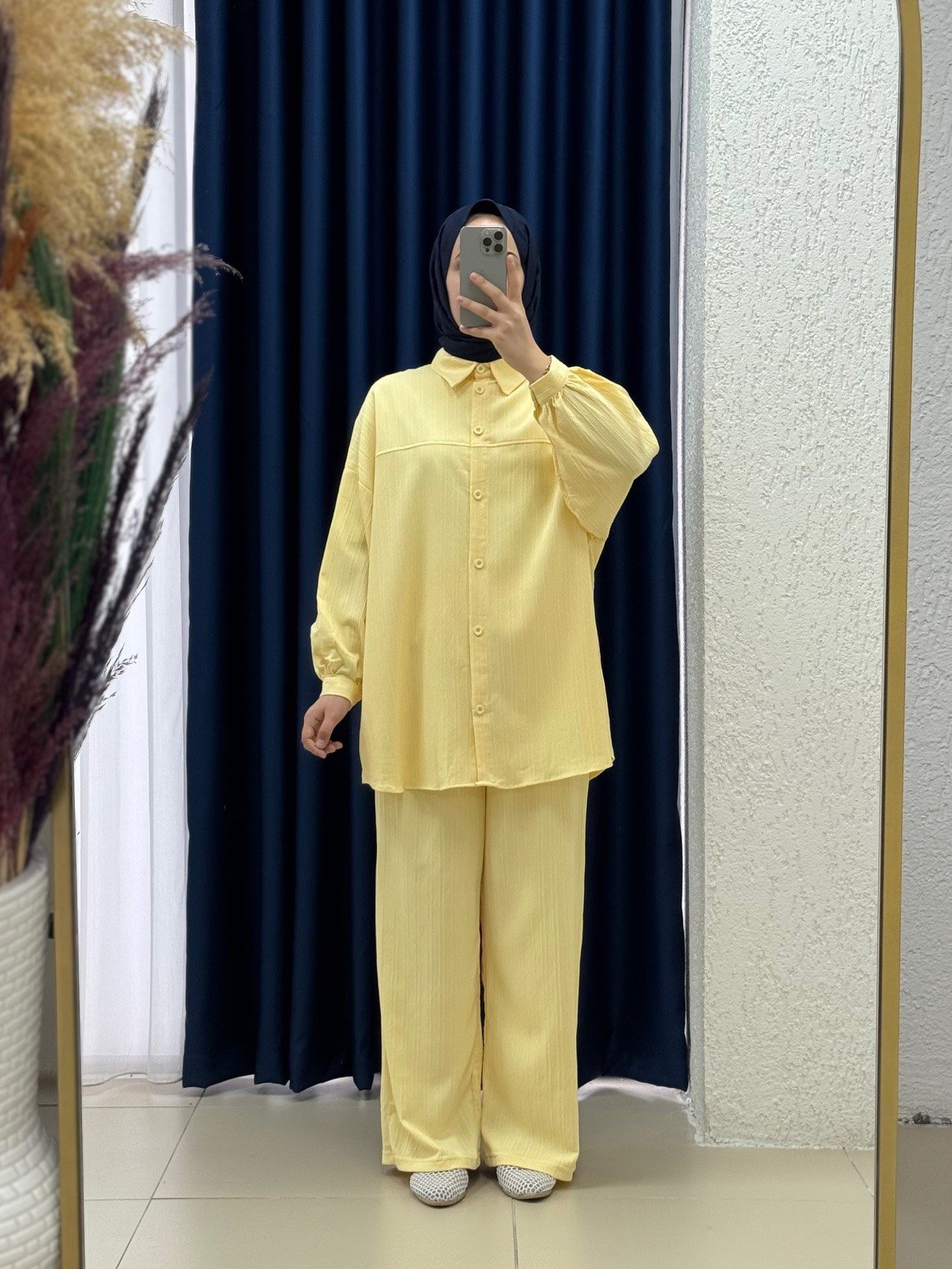 Behin Gömlek Önü Pervazlı Biyelii Dubai Pantolonlu Takım-EK-Z-480 Sarı