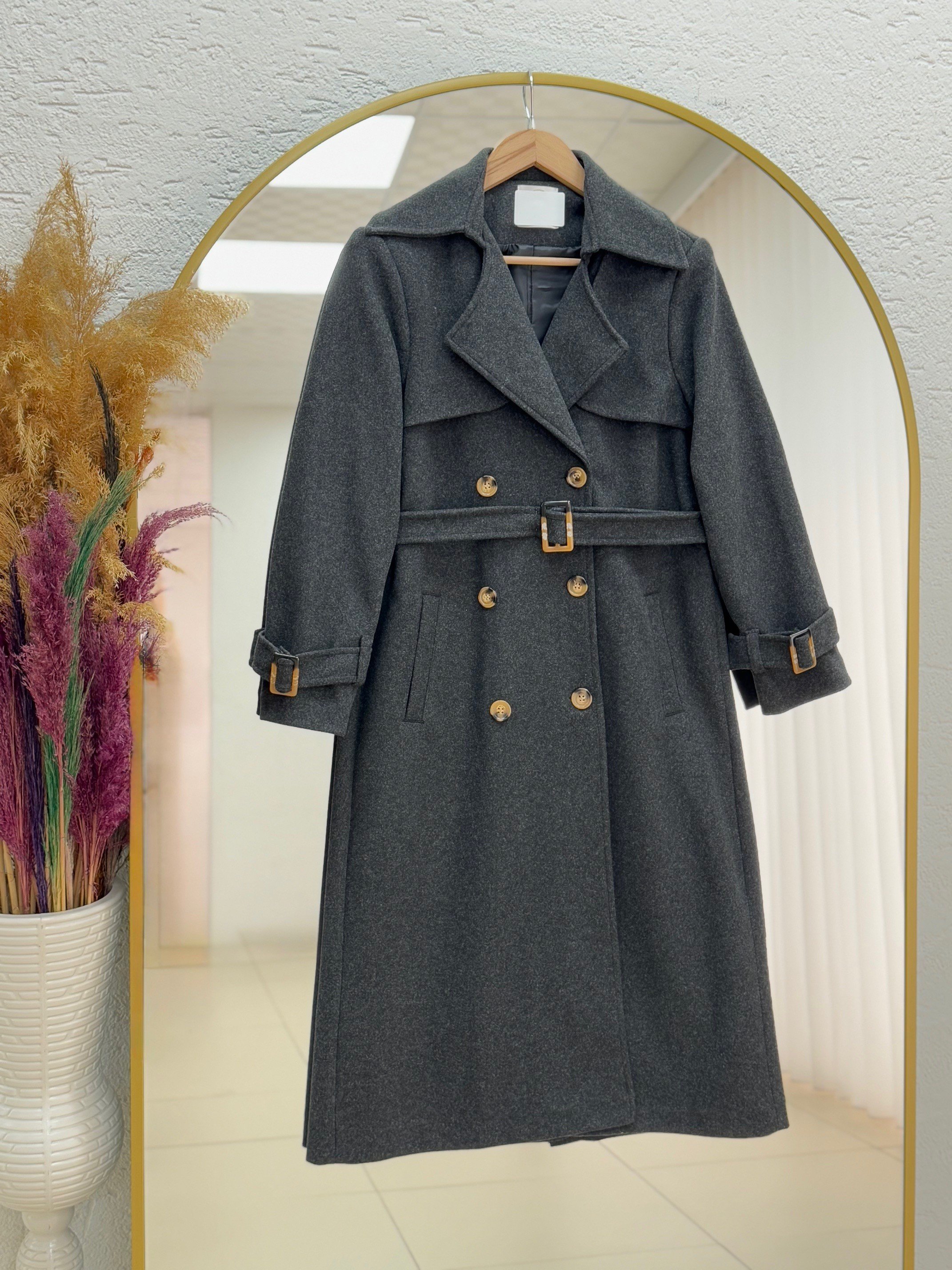 Belyla 6 Düğme Detaylı Kol Ucu Kemerli Kaşe Kaban-EN2141 Antrasit