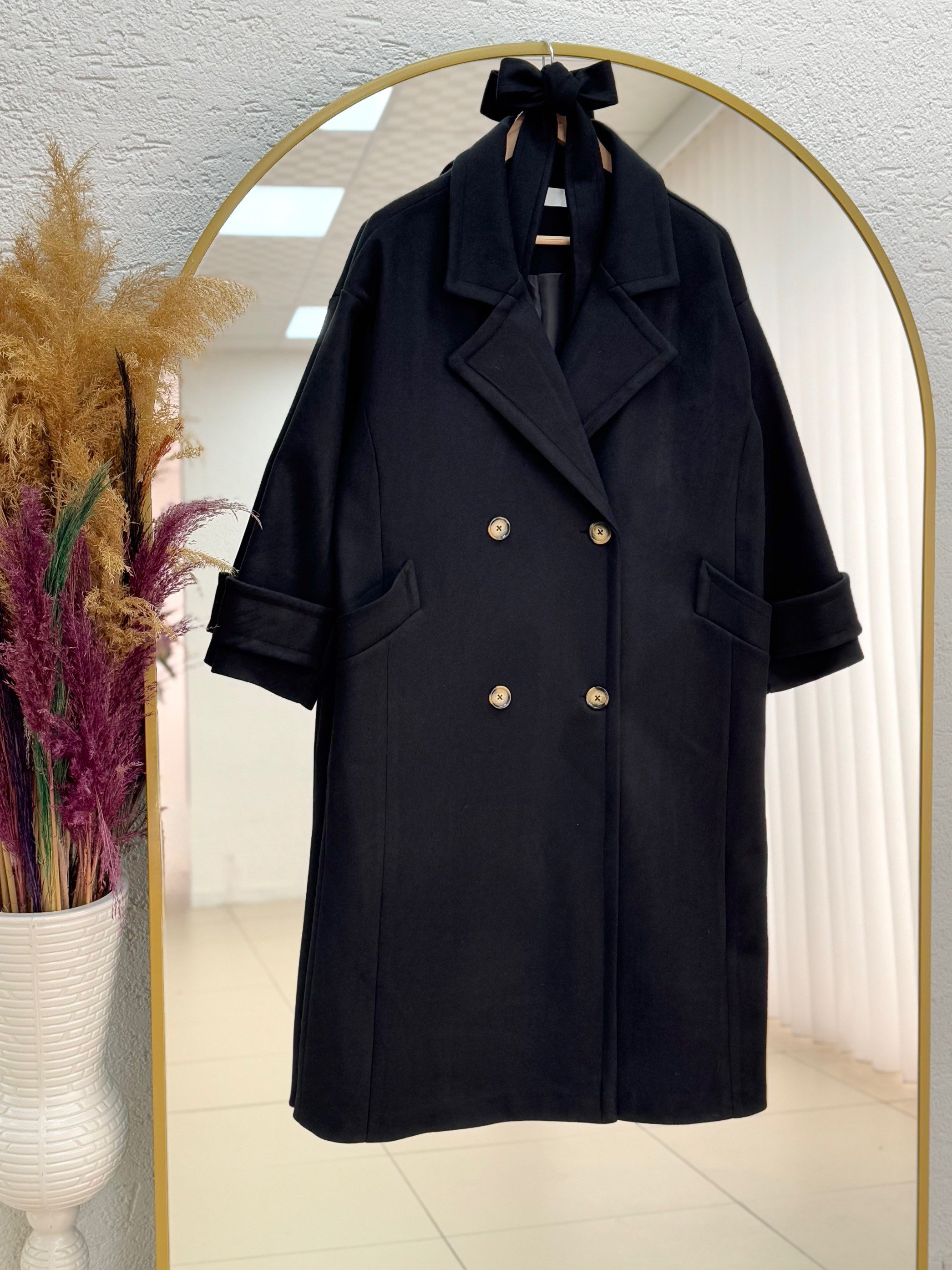 Camasya Kol Ucu Düğmeli Çift Cepli Kaşe Kaban-HE2901 Siyah