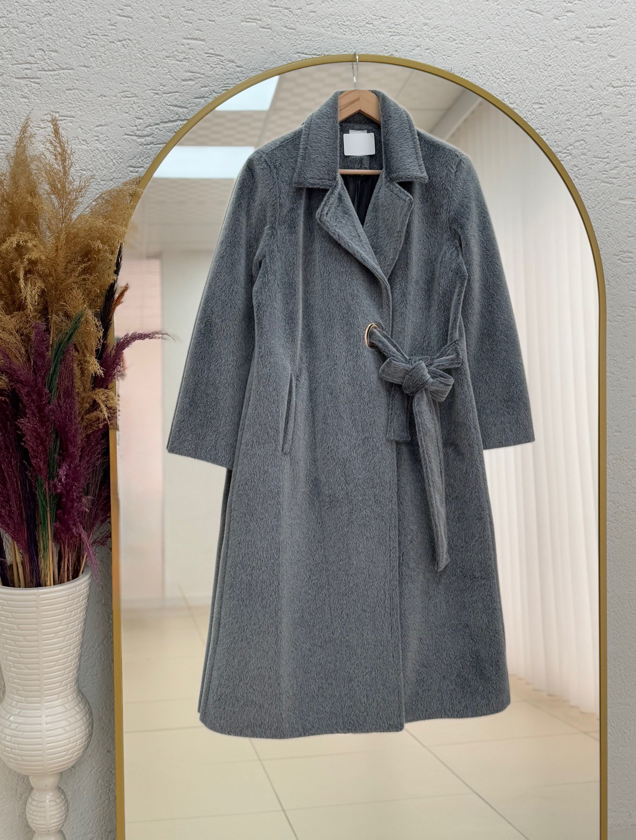 Cametta Kruvaze Yaka Blok Kemer Geçişli Kaban-BR70025 Gri