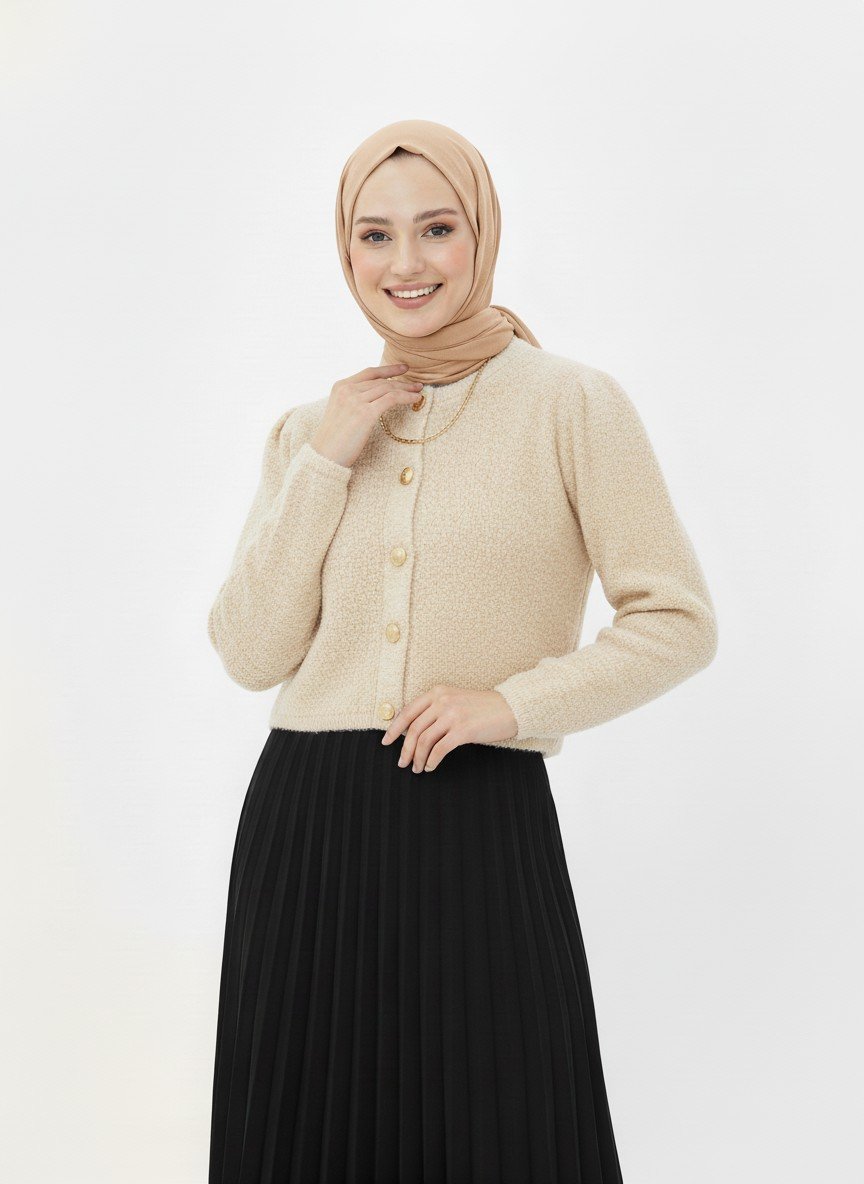 Camuna Gold Düğmeli Mini Peluş Hırka-Zİ5558 Taş