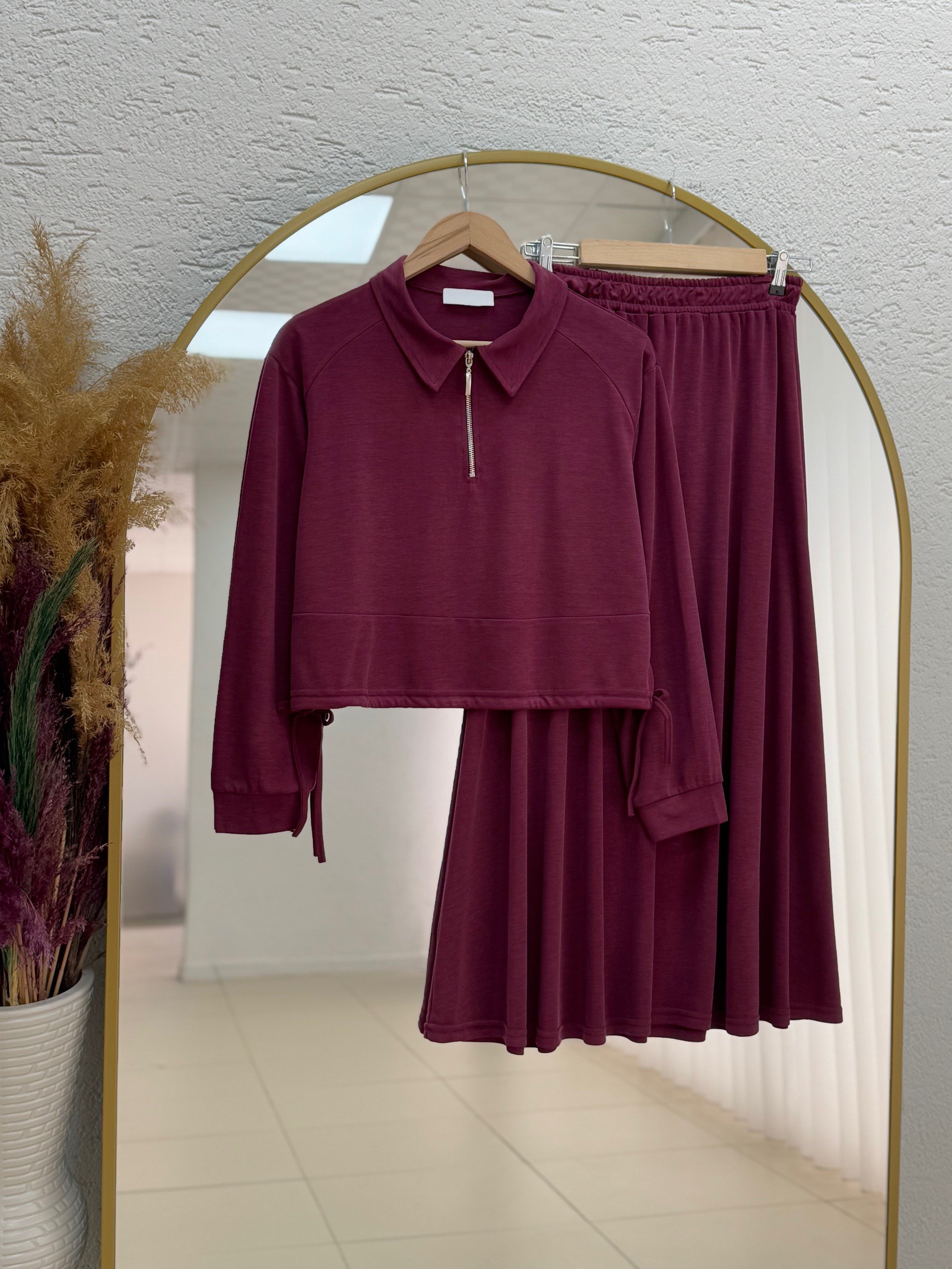 Capina Yarım Fermuarlı Yanları Sıkmalı Pike Kumaş Etekli Takım-AS085 Bordo